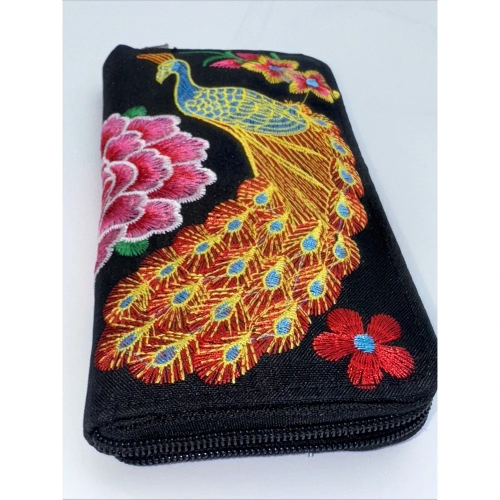 Black Canvas Pink Peacock & Floral‎ Embroidered Zippered Wallet - NEW (#5)
